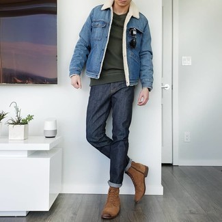 Men's Blue Denim Shearling Jacket, Dark Green Crew-neck Sweater, Navy Jeans, Brown Suede Casual Boots