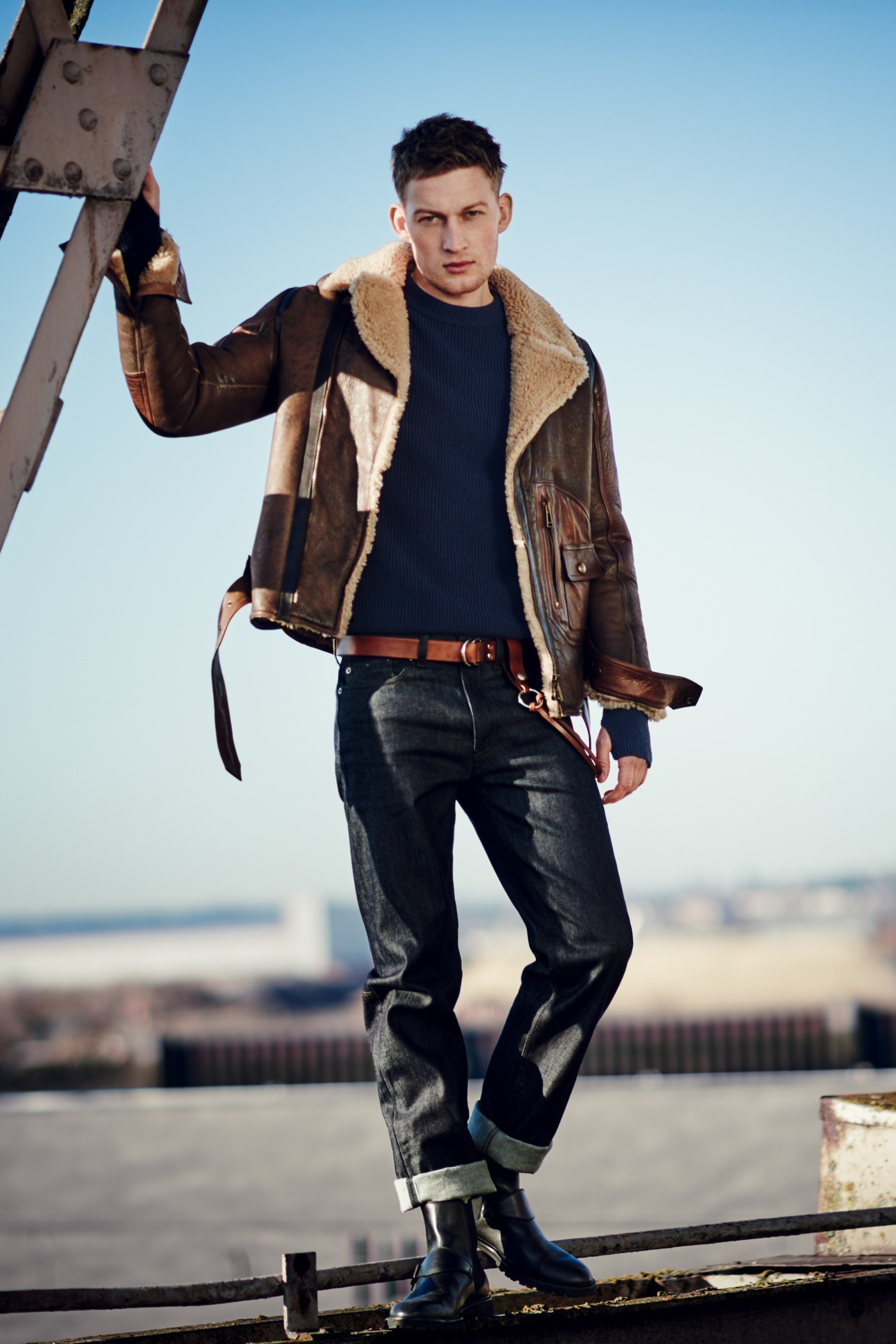 Men's Brown Shearling Jacket, Navy Crew-neck Sweater, Black Jeans, Black  Leather Casual Boots