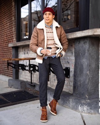 Red Beanie Outfits For Men: Consider wearing a brown shearling jacket and a red beanie to feel instantly confident in yourself and look stylish. If you wish to instantly step up this ensemble with a pair of shoes, introduce a pair of brown leather casual boots to the equation.