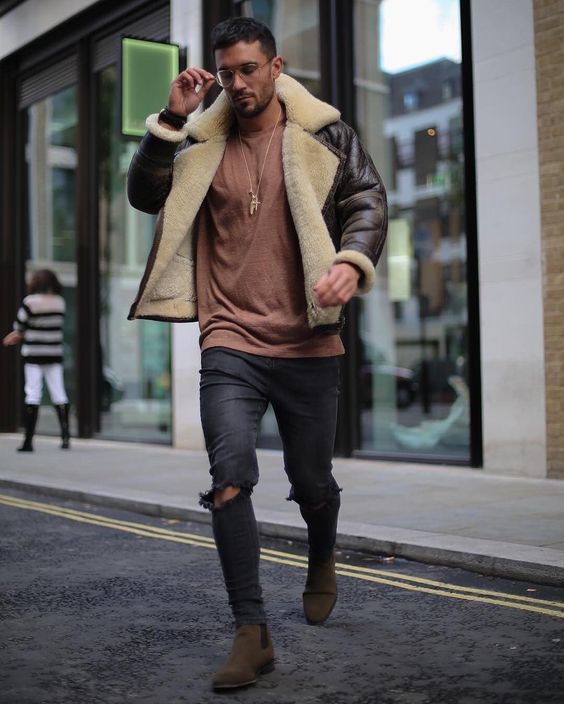 Men s Dark Brown Shearling Jacket Brown Crew neck Sweater Black Ripped Skinny Jeans Dark Brown Suede Chelsea Boots Lookastic