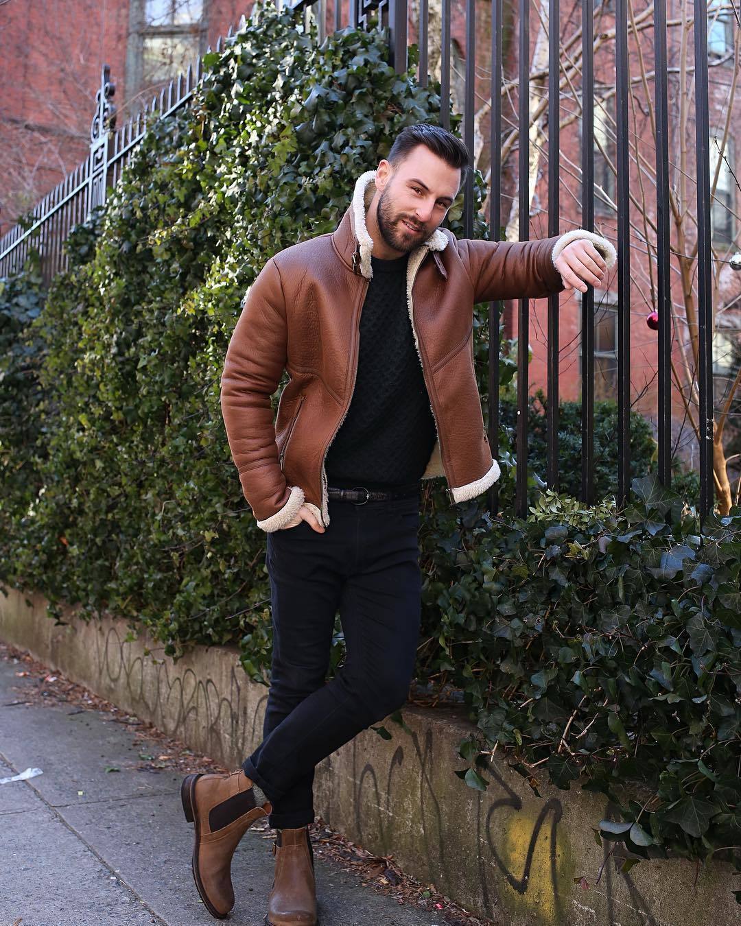 Men's Tobacco Shearling Jacket, Black Knit Crew-neck Sweater, Black Skinny  Jeans, Brown Leather Chelsea Boots