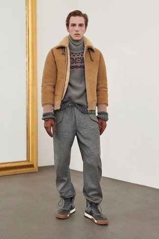 Men's Tan Shearling Jacket, Grey Fair Isle Crew-neck Sweater, Grey Turtleneck, Grey Cargo Pants