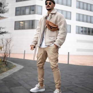 Off White Funnel Neck Shearling Jacket