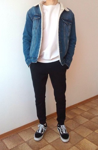 Men's Blue Denim Shearling Jacket, White Crew-neck T-shirt, Black Chinos, Black and White Canvas Low Top Sneakers