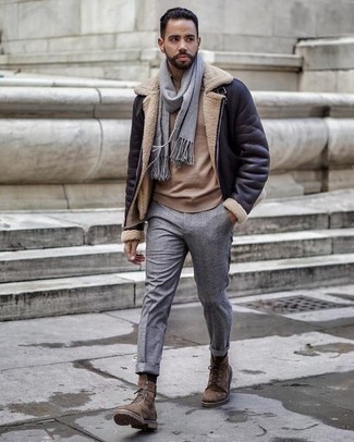 Tobacco Suede Casual Boots Outfits For Men: This combination of a black shearling jacket and grey chinos is put together and yet it looks comfortable and apt for anything. Add tobacco suede casual boots to the mix et voila, the look is complete.