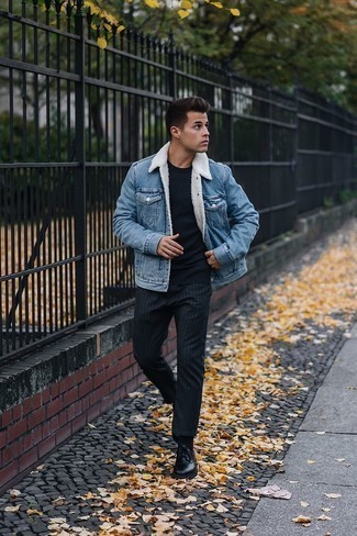 Light Blue Denim Shearling Jacket Outfits For Men: Consider pairing a light blue denim shearling jacket with black vertical striped chinos for both on-trend and easy-to-wear ensemble. Feeling bold? Jazz things up by wearing a pair of black leather derby shoes.