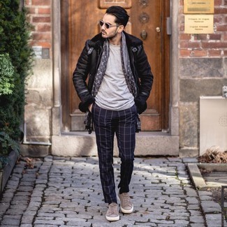 Men's Black Shearling Jacket, Grey Crew-neck T-shirt, Navy Plaid Chinos, Brown Suede Low Top Sneakers