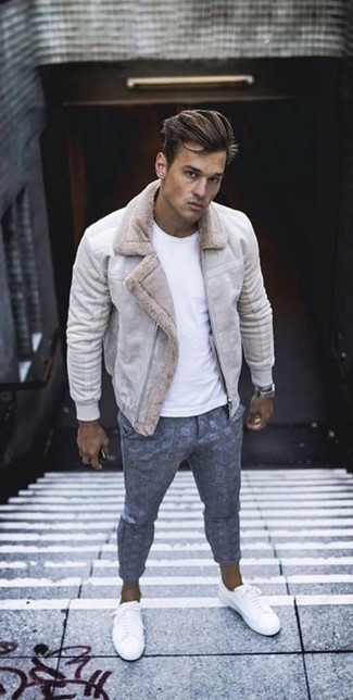 Men's Grey Shearling Jacket, White Crew-neck T-shirt, Grey Gingham Wool Dress Pants, White Leather Low Top Sneakers