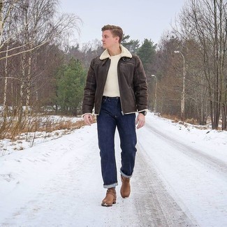 Shearling Jacket Outfits For Men: If you're after a casual and at the same time on-trend look, opt for a shearling jacket and navy jeans. Complete this getup with brown leather chelsea boots for a hint of polish.
