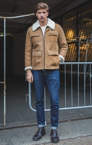 Tan Shearling Jacket Outfits For Men: If you're scouting for a casual but also sharp ensemble, go for a tan shearling jacket and blue jeans. To give your overall getup a dressier twist, add a pair of dark purple leather casual boots to the mix.