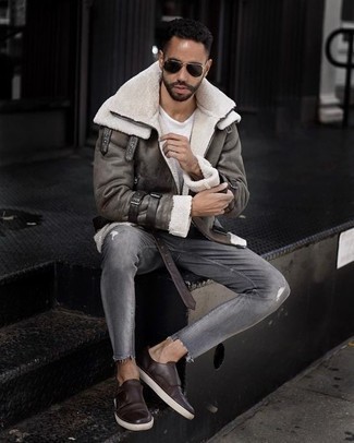 Men's Grey Shearling Jacket, White Crew-neck T-shirt, Grey Ripped Jeans, Dark Brown Leather Double Monks