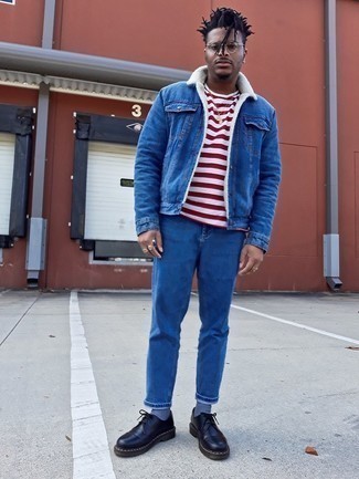 Men's Blue Denim Shearling Jacket, White and Red Horizontal Striped Crew-neck T-shirt, Blue Jeans, Black Chunky Leather Derby Shoes