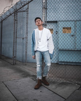 Men's Blue Denim Shearling Jacket, White Crew-neck T-shirt, Light Blue Ripped Jeans, Dark Brown Suede Chelsea Boots
