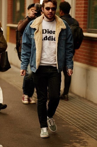 Men's Blue Denim Shearling Jacket, White and Black Print Crew-neck T-shirt, Black Jeans, Olive Canvas Low Top Sneakers