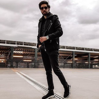 Black Shearling Jacket Outfits For Men: Rock a black shearling jacket with black jeans to feel instantly confident in yourself and look laid-back and cool. To add a sense of stylish effortlessness to this look, complete your look with a pair of black and white athletic shoes.