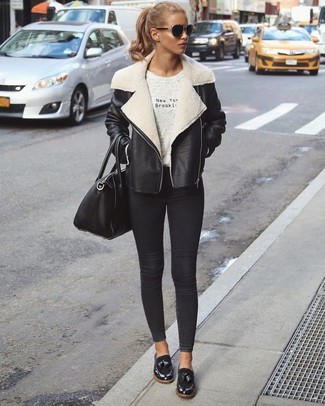 Women's Black and White Shearling Jacket, Grey Print Crew-neck T-shirt, Black Skinny Jeans, Black Leather Loafers