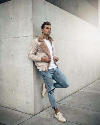 Men's Beige Shearling Jacket, White Crew-neck T-shirt, Light Blue Ripped Skinny Jeans, Beige Print Canvas Low Top Sneakers