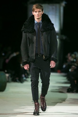 Black Shearling Jacket Outfits For Men: Teaming a black shearling jacket with black dress pants is an awesome choice for a classic and refined ensemble. For a more relaxed finish, add a pair of dark brown leather casual boots to your look.