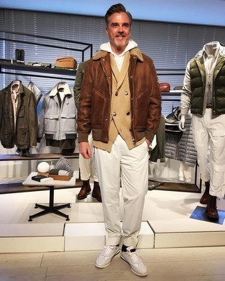 Men's Brown Shearling Jacket, Tan Double Breasted Cardigan, White Hoodie, White Chinos