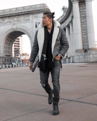 Black Scarf Outfits For Men: Choose a charcoal shearling jacket and a black scarf to feel 100% confident in yourself and look dapper. And it's amazing how black leather chelsea boots can lift up an ensemble.