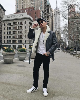 Men's Charcoal Shearling Jacket, White Henley Shirt, Black Jeans, White and Black Horizontal Striped Canvas Low Top Sneakers