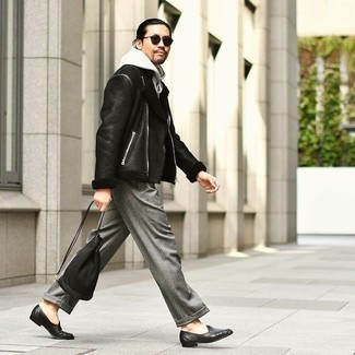 Black Canvas Tote Bag Outfits For Men: A black shearling jacket and a black canvas tote bag are a good pairing worth having in your day-to-day casual arsenal. Black leather loafers are an effective way to infuse a touch of polish into this look.
