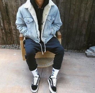 Men's Light Blue Denim Shearling Jacket, Black Hoodie, Navy Chinos, Black and White Canvas Low Top Sneakers