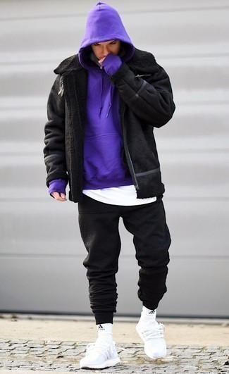 Purple Hoodie Outfits For Men: For a casually dapper look, consider pairing a purple hoodie with black sweatpants — these pieces work perfectly well together. Introduce a pair of white athletic shoes to your outfit and the whole outfit will come together.