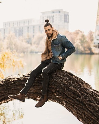 Navy Shearling Jacket Outfits For Men: Why not pair a navy shearling jacket with charcoal jeans? These two items are very practical and will look nice combined together. Finish off with brown suede casual boots to avoid looking too casual.