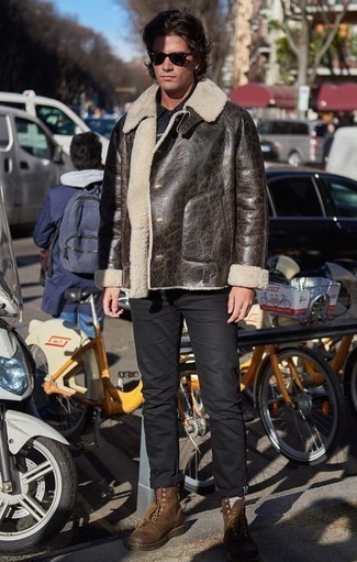 Brown Shearling Jacket Outfits For Men: Go for a straightforward yet casually dapper ensemble teaming a brown shearling jacket and black chinos. If you're clueless about how to round off, add a pair of brown leather casual boots to the mix.