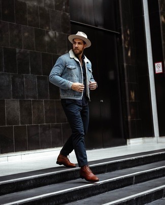 Men's Light Blue Denim Shearling Jacket, Navy Long Sleeve Shirt, Navy Chinos, Tobacco Leather Casual Boots