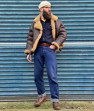 Beige Beanie Outfits For Men: Undeniable proof that a dark brown shearling jacket and a beige beanie are awesome together in a casual street style outfit. Introduce dark brown leather chelsea boots to the equation for an extra touch of style.