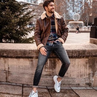 Charcoal Jeans Outfits For Men: Prove that nobody does off-duty quite like you do in a brown shearling jacket and charcoal jeans. Shake up this look with a more laid-back kind of footwear, like this pair of white athletic shoes.