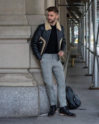 500+ Winter Outfits For Men: Try pairing a black shearling jacket with grey plaid chinos for a knockout ensemble. A pair of black leather casual boots easily ups the style factor of any outfit. With an ensemble like this in your winter sartorial collection, you'll manage to keep warm and look amazing despite the cold temperatures.