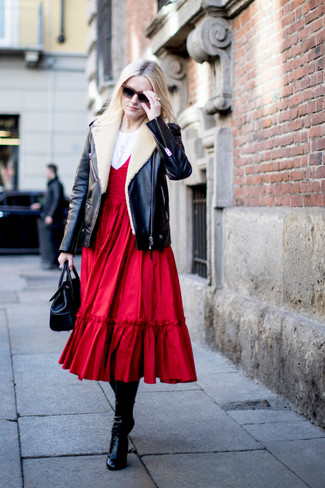 Women's Black Shearling Jacket, Red Pleated Midi Dress, White Crew-neck T-shirt, Black Leather Knee High Boots