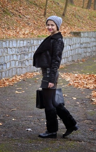 Women's Black Shearling Jacket, Black Leather Mini Skirt, Black Fur Knee High Boots, Black Leather Tote Bag