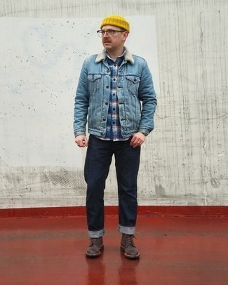 Casual Boots Outfits For Men: This casual pairing of a light blue denim shearling jacket and navy jeans is extremely easy to throw together in seconds time, helping you look amazing and ready for anything without spending too much time searching through your closet. To add a little zing to your outfit, introduce a pair of casual boots to the mix.