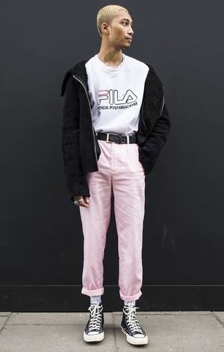 Men's Black Shearling Jacket, White and Black Print Sweatshirt, White Crew-neck T-shirt, Pink Chinos