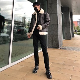 Black Chunky Leather Derby Shoes Outfits: This pairing of a dark brown shearling jacket and black chinos looks amazing and makes you look instantly cooler. Play down the casualness of this outfit by finishing with black chunky leather derby shoes.