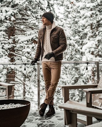 Beige Knit Wool Turtleneck Outfits For Men: This pairing of a beige knit wool turtleneck and khaki chinos is on the casual side yet it's also dapper and seriously sharp. Complement your look with a pair of dark brown suede casual boots to shake things up.