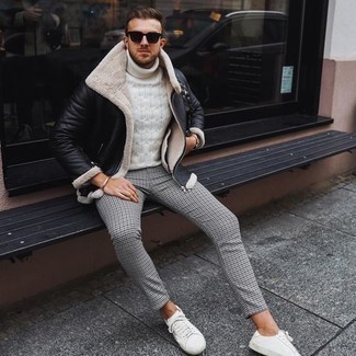 Men's Black Shearling Jacket, White Knit Wool Turtleneck, Grey Houndstooth Chinos, White Canvas Low Top Sneakers