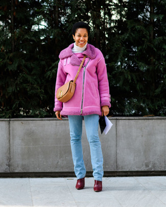 Women's Hot Pink Shearling Jacket, White Turtleneck, Light Blue Jeans, Burgundy Leather Ankle Boots