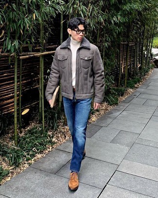 Tobacco Suede Derby Shoes Outfits: A grey shearling jacket and blue jeans? This is an easy-to-style getup that you could rock a version of on a daily basis. Put an elegant spin on this outfit by wearing a pair of tobacco suede derby shoes.
