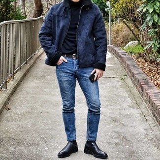 Men's Navy Shearling Jacket, Navy Turtleneck, Blue Jeans, Black Leather Chelsea Boots