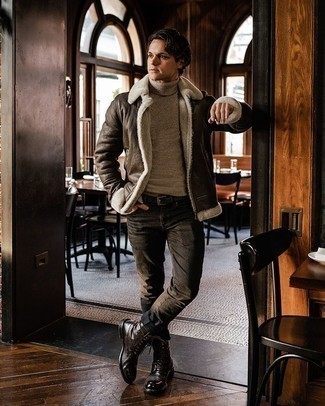 Brown Shearling Jacket Outfits For Men: This stylish look is super straightforward: a brown shearling jacket and black jeans. Shake up your look with a more elegant kind of footwear, like these dark brown leather casual boots.