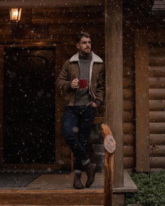 500+ Winter Outfits For Men: To put together a relaxed look with a twist, choose a brown shearling jacket and navy jeans. A pair of dark brown leather casual boots easily turns up the style factor of your outfit. As this combination proves winter doesn't have to mean dressing like a marshmallow.