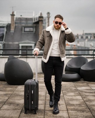 Men's Brown Shearling Jacket, White Turtleneck, Black Jeans, Black Leather Casual Boots