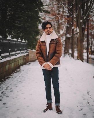 Men's Brown Shearling Jacket, White Turtleneck, Navy Jeans, Dark Brown Leather Casual Boots