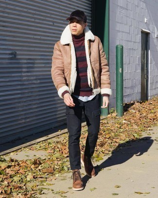 500+ Winter Outfits For Men: A tan shearling jacket and black cargo pants are the kind of a never-failing off-duty combo that you so terribly need when you have no time. Follow a more elegant route in the shoe department by slipping into a pair of brown leather casual boots. You see this combination is also a practical illustration of looking stylish in winter.
