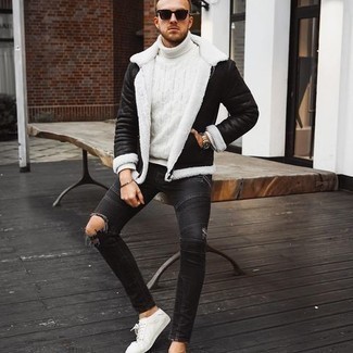 Men's Black Shearling Jacket, White Knit Wool Turtleneck, Charcoal Ripped Skinny Jeans, White Canvas Low Top Sneakers